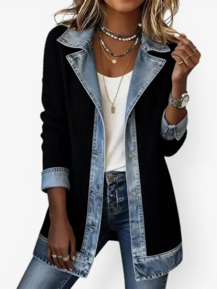 Sloane | Women's Ribbed Jacket with Denim Collar and Contrast Panels