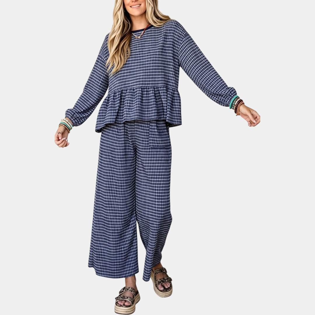 Women's Ruffle Hem Cropped Lounge Set with Wide Leg Trousers