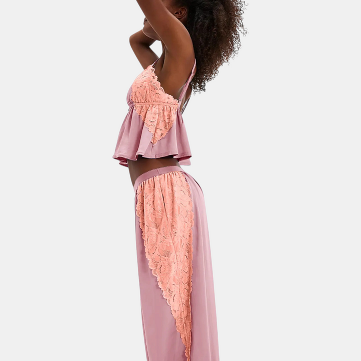 Women's Wide Leg Satin Pajama Set with Lace Trim Cami Top