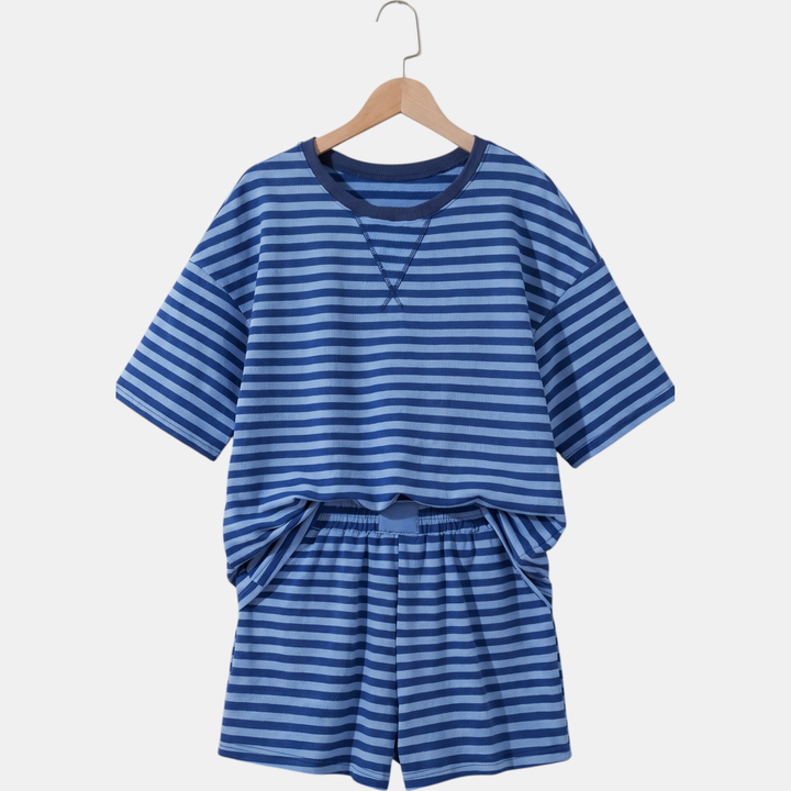 Women's Oversized Striped Lounge Set with Drop Shoulder Top and Shorts