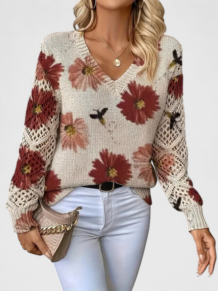 Charlie | Women's Floral Knit Sweater with Elegant V-Neck Design