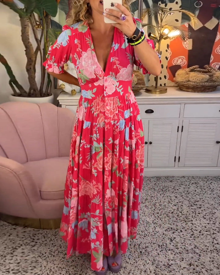 Reagan - Floral Maxi Dress with V-Neck and Short Sleeves