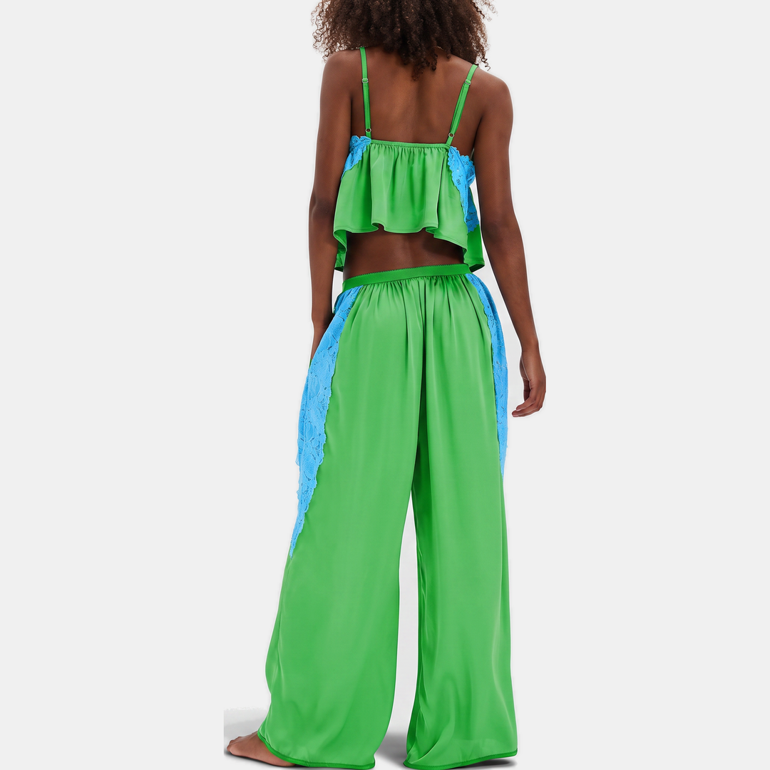Women's Wide Leg Satin Pajama Set with Lace Trim Cami Top