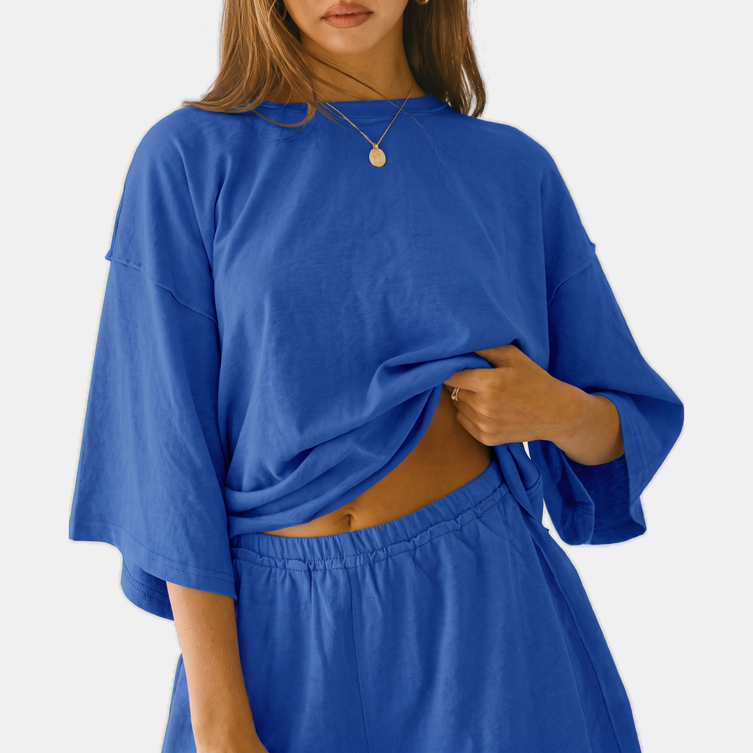 Women's Oversized Lounge Set with Drop Shoulder Top and Mini Shorts