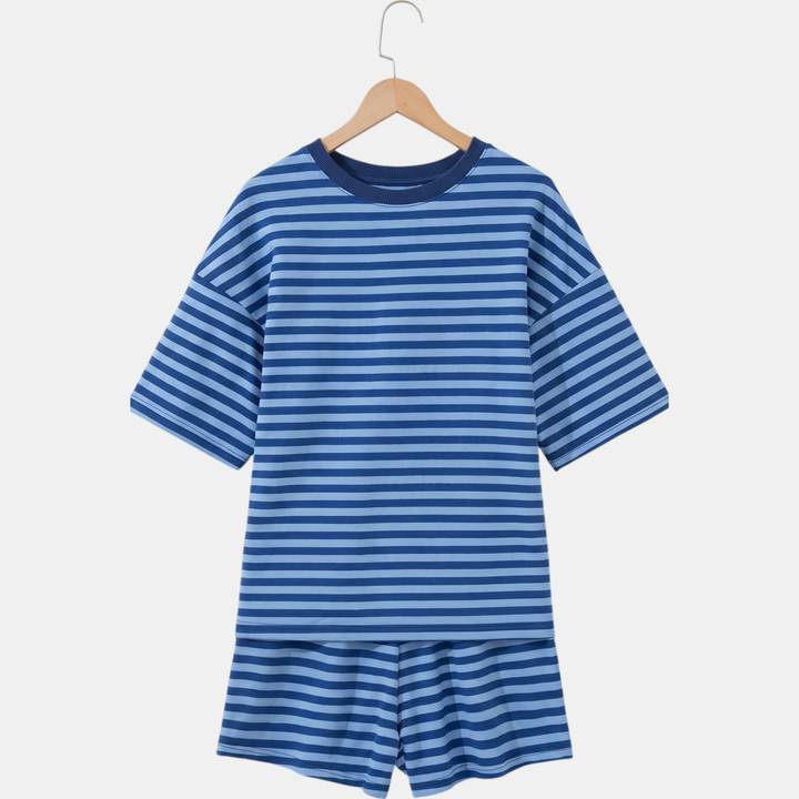 Women's Oversized Striped Lounge Set with Drop Shoulder Top and Shorts