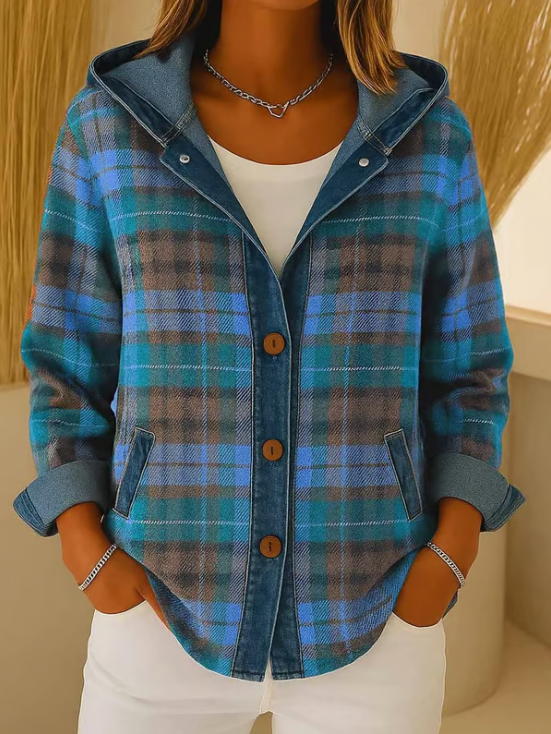 Nadrina | Women's Hooded Denim Jacket with Check Panel Contrast