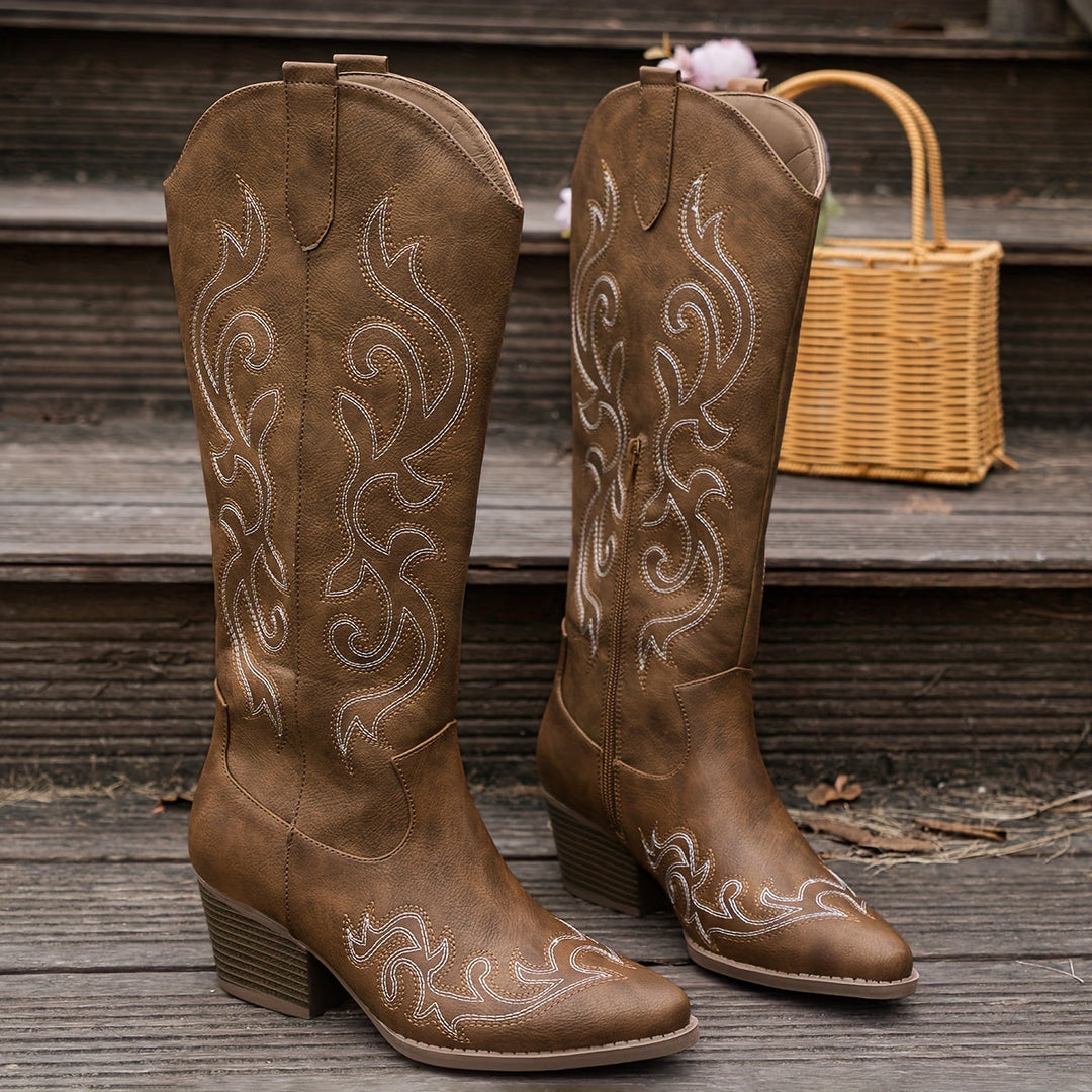 Merle | Women's Embroidered Knee-High Western Boots with Block Heel