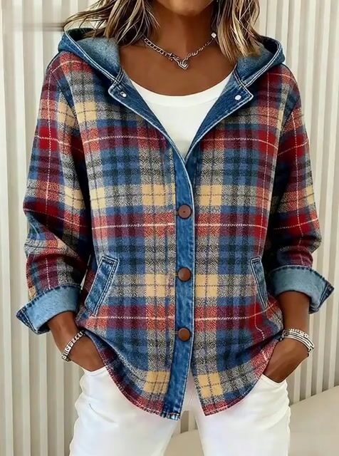 Nadrina | Women's Hooded Denim Jacket with Check Panel Contrast
