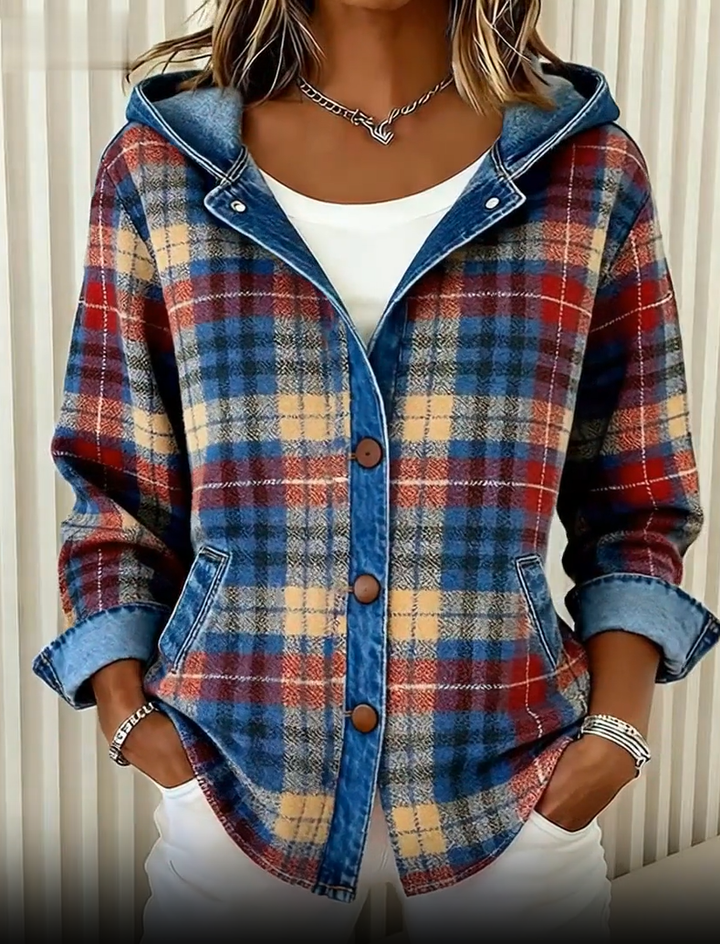 Nadrina | Women's Hooded Denim Jacket with Check Panel Contrast