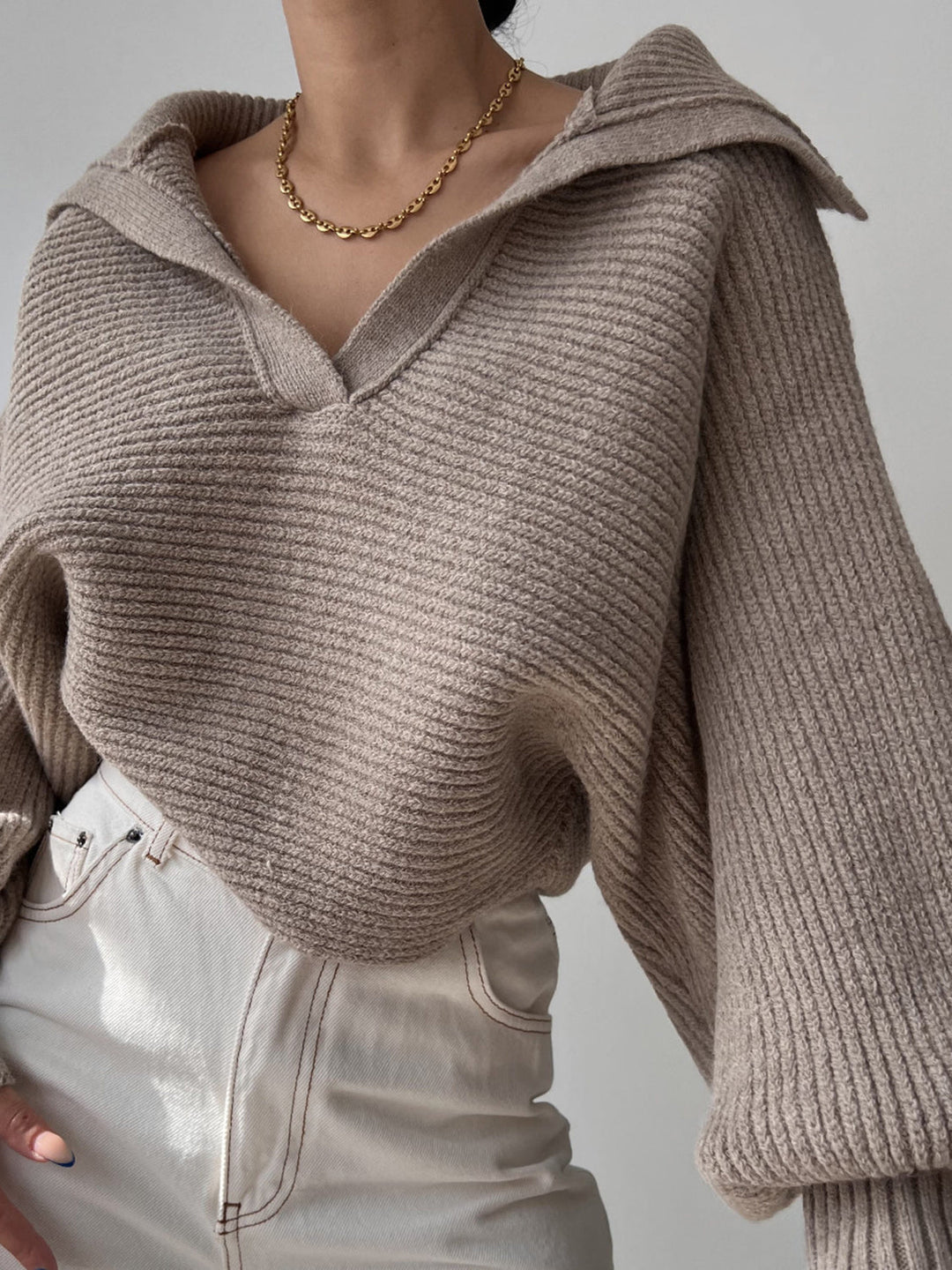 Jane | Women's Ribbed Polo Sweater with Split Collar and Wide Cuffs