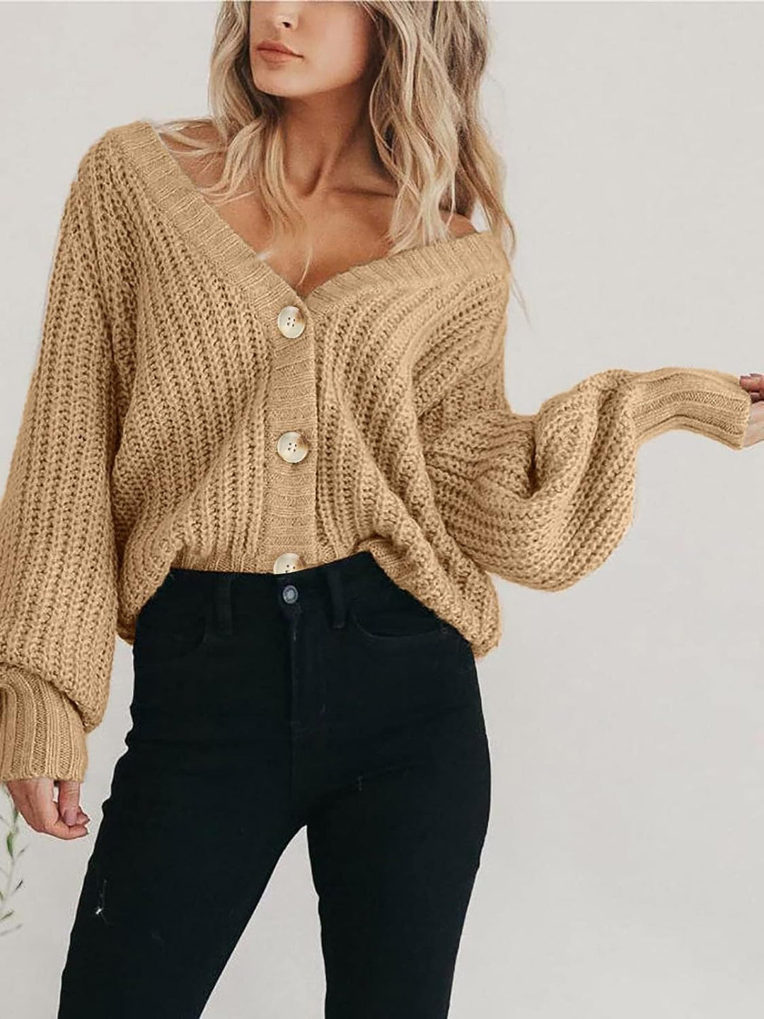 Cassandra | Women's Chunky Knit Cardigan with Deep V-Neck and Button Detail