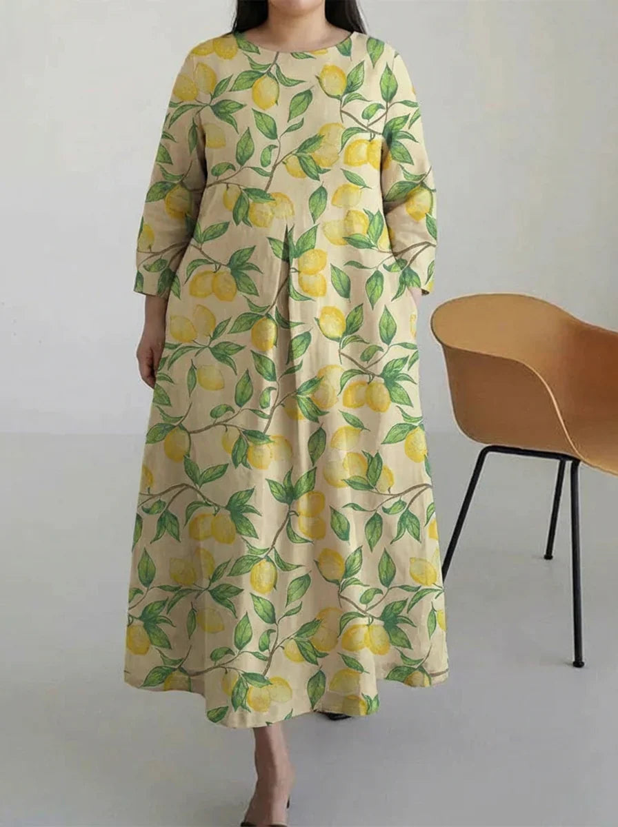 Wynne | Long Sleeve Midi Dress with Casual Lemon Tree Print
