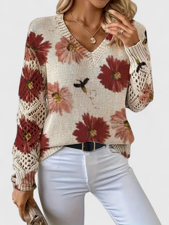 Charlie | Women's Floral Knit Sweater with Elegant V-Neck Design