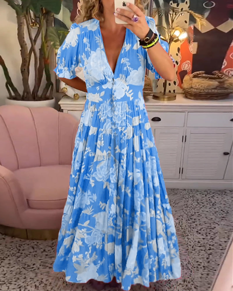 Reagan - Floral Maxi Dress with V-Neck and Short Sleeves