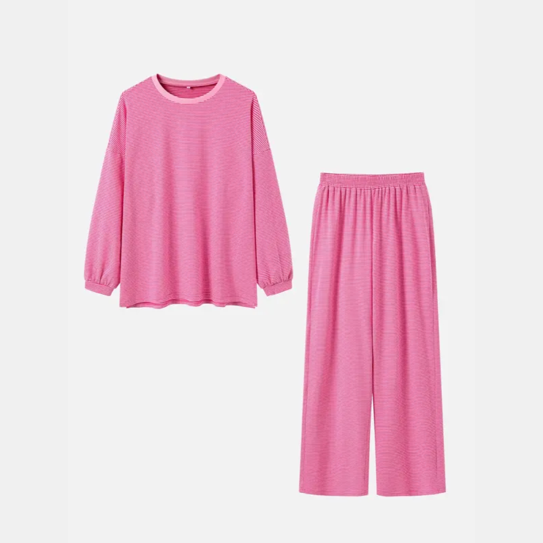 Striped Oversized Two-Piece Women's Pajama Set with Wide Leg