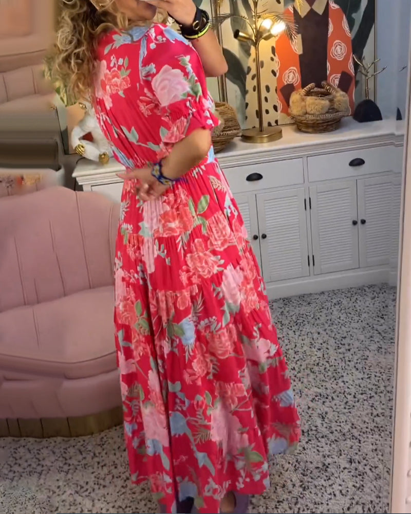 Reagan - Floral Maxi Dress with V-Neck and Short Sleeves