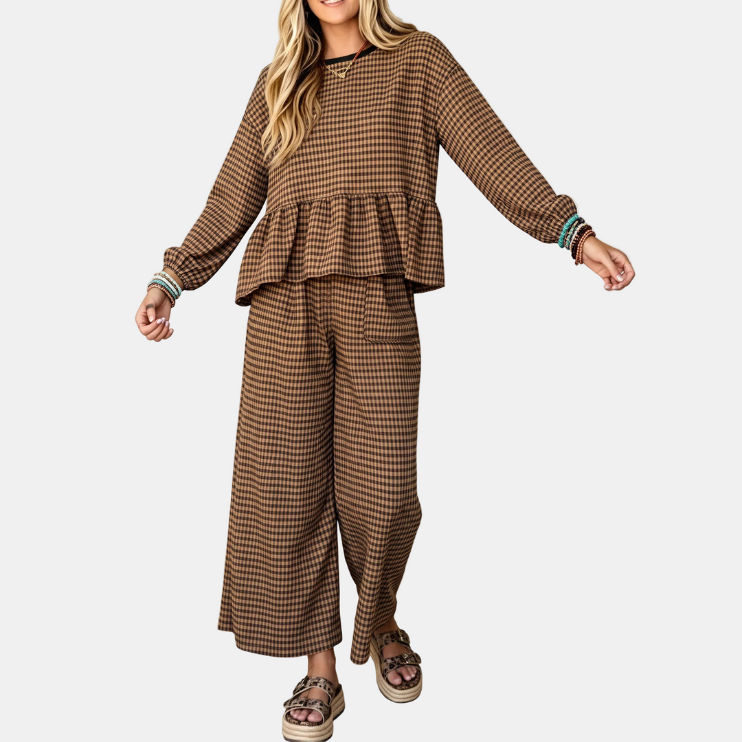 Women's Ruffle Hem Cropped Lounge Set with Wide Leg Trousers