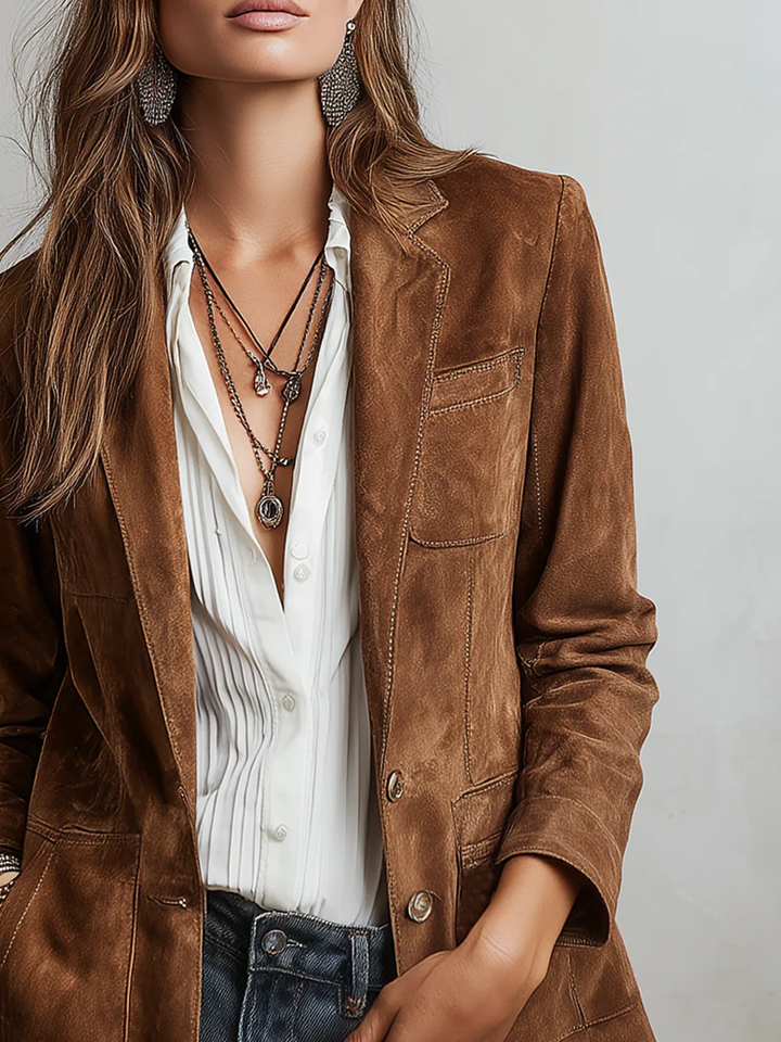 Rhiannon | Women's Classic Lapel Suede Blazer with Button-Down Detail