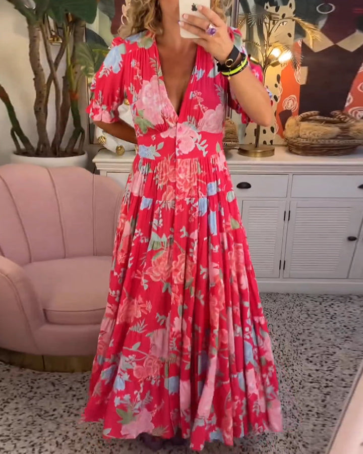 Reagan - Floral Maxi Dress with V-Neck and Short Sleeves