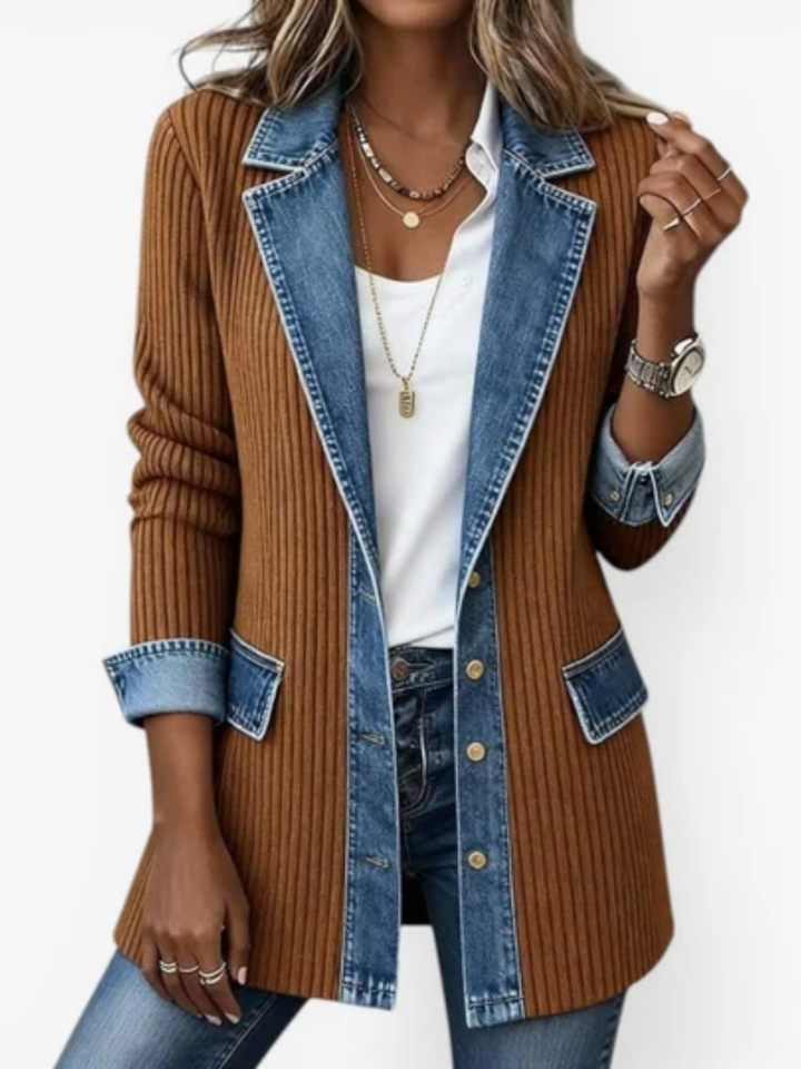 Sloane | Women's Ribbed Jacket with Denim Collar and Contrast Panels