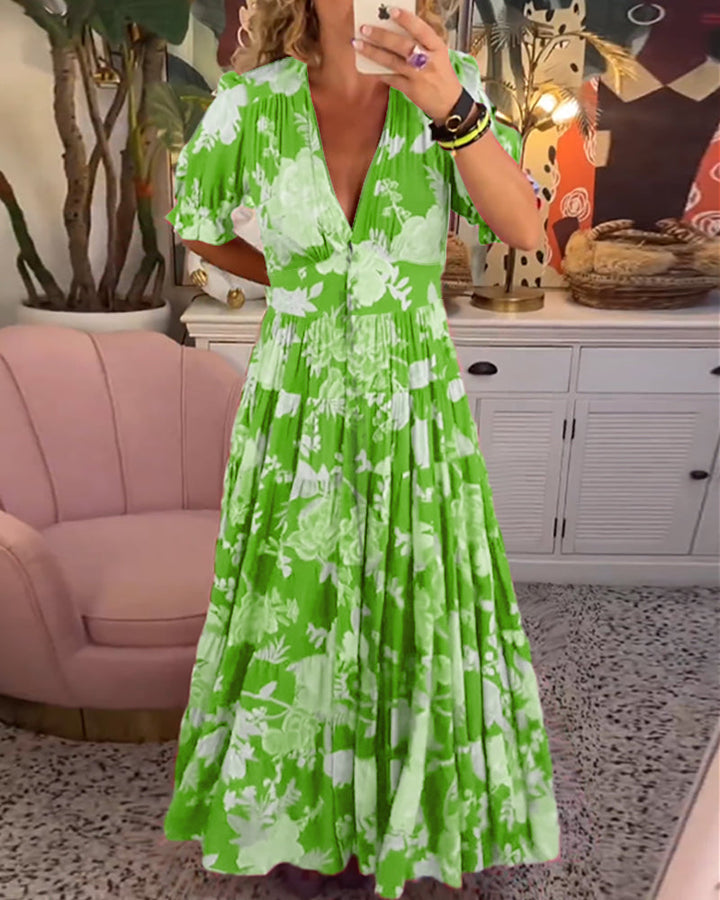Reagan - Floral Maxi Dress with V-Neck and Short Sleeves