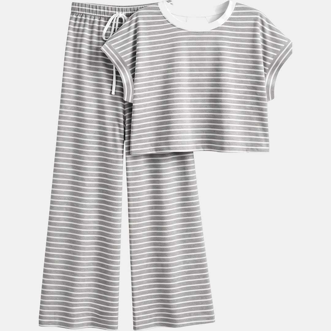 Women's Striped Pajama Set with Open Back and Crossback Design, Wide Leg