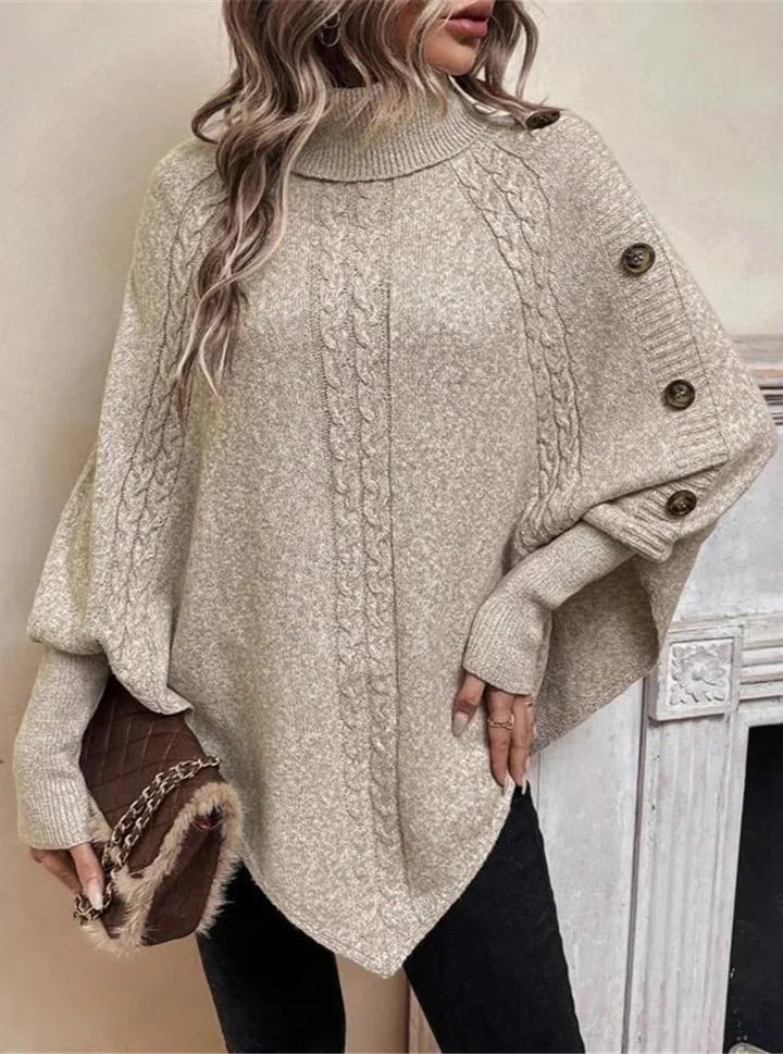 Meredith | Women's Batwing Knit Sweater with Mock Neck and Button Details