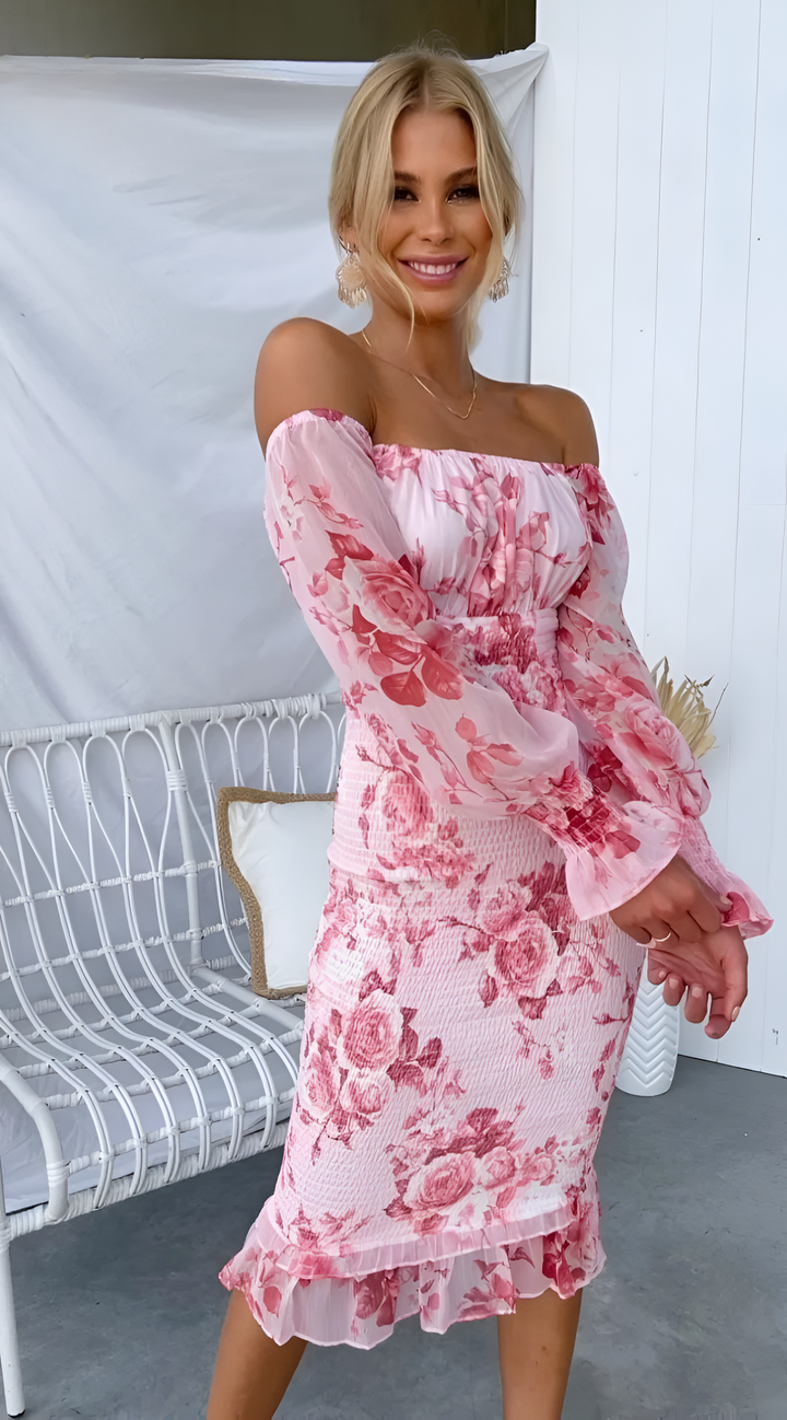 Nadia - Off-Shoulder Floral Midi Dress with Smocked Waist