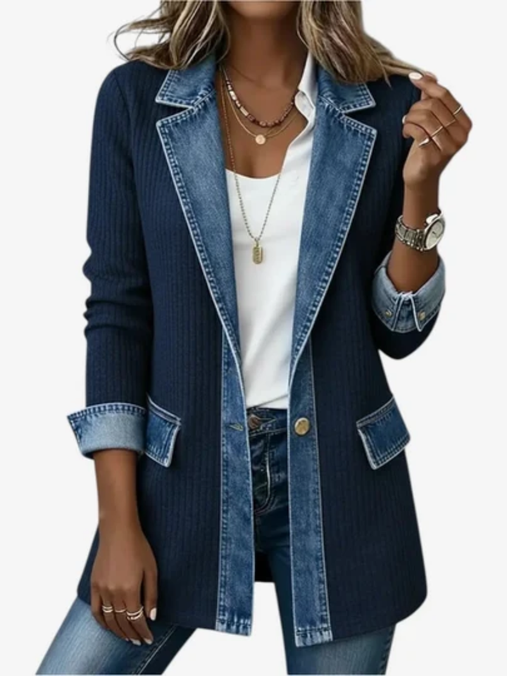 Sloane | Women's Ribbed Jacket with Denim Collar and Contrast Panels