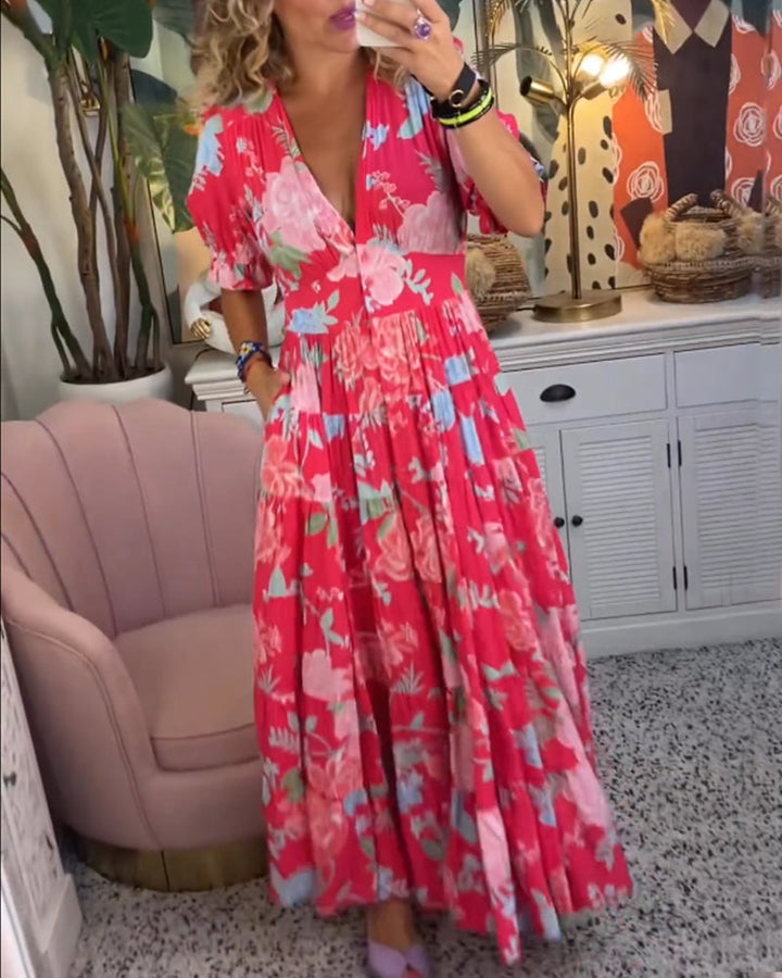 Reagan - Floral Maxi Dress with V-Neck and Short Sleeves