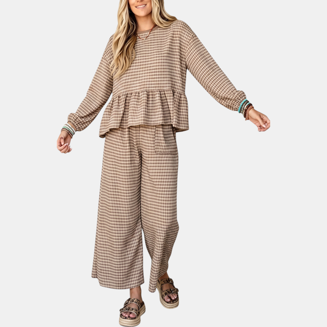 Women's Ruffle Hem Cropped Lounge Set with Wide Leg Trousers