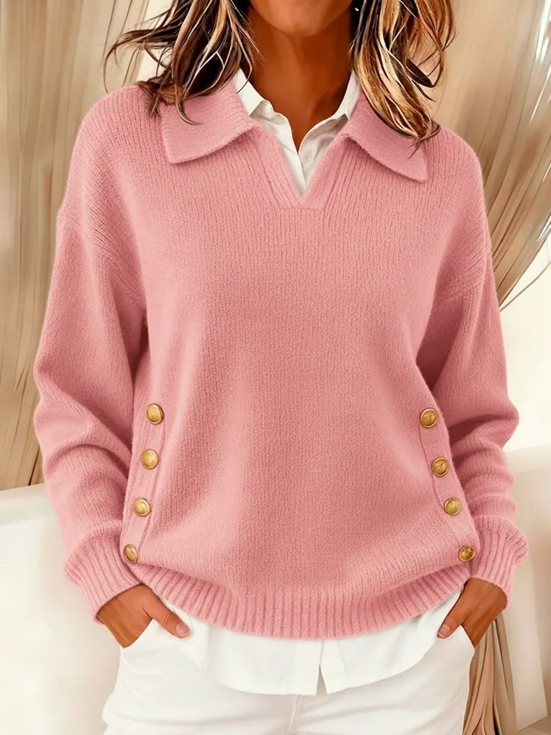 Vynette | Women's V-Neck Sweater Featuring Fold-Over Collar and Button Details