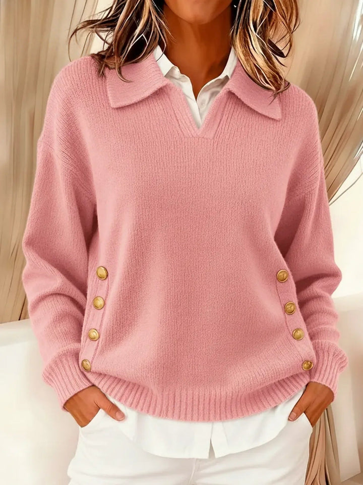 Vynette | Women's V-Neck Sweater Featuring Fold-Over Collar and Button Details