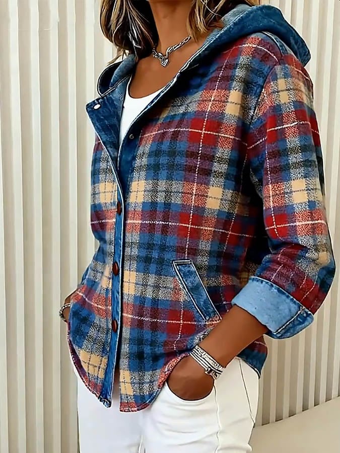 Nadrina | Women's Hooded Denim Jacket with Check Panel Contrast
