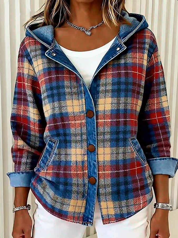 Nadrina | Women's Hooded Denim Jacket with Check Panel Contrast
