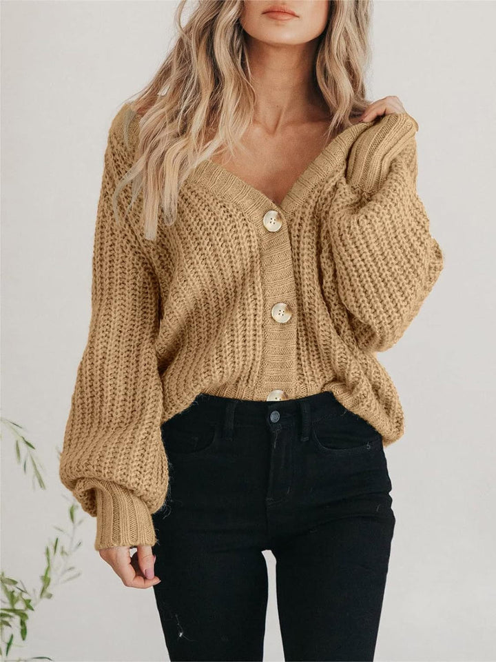 Cassandra | Women's Chunky Knit Cardigan with Deep V-Neck and Button Detail