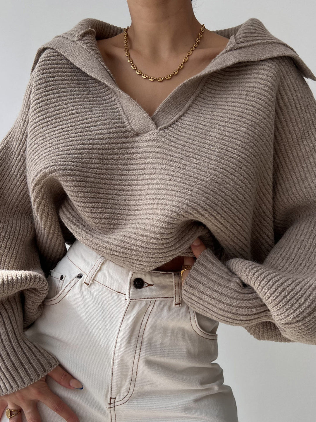 Jane | Women's Ribbed Polo Sweater with Split Collar and Wide Cuffs