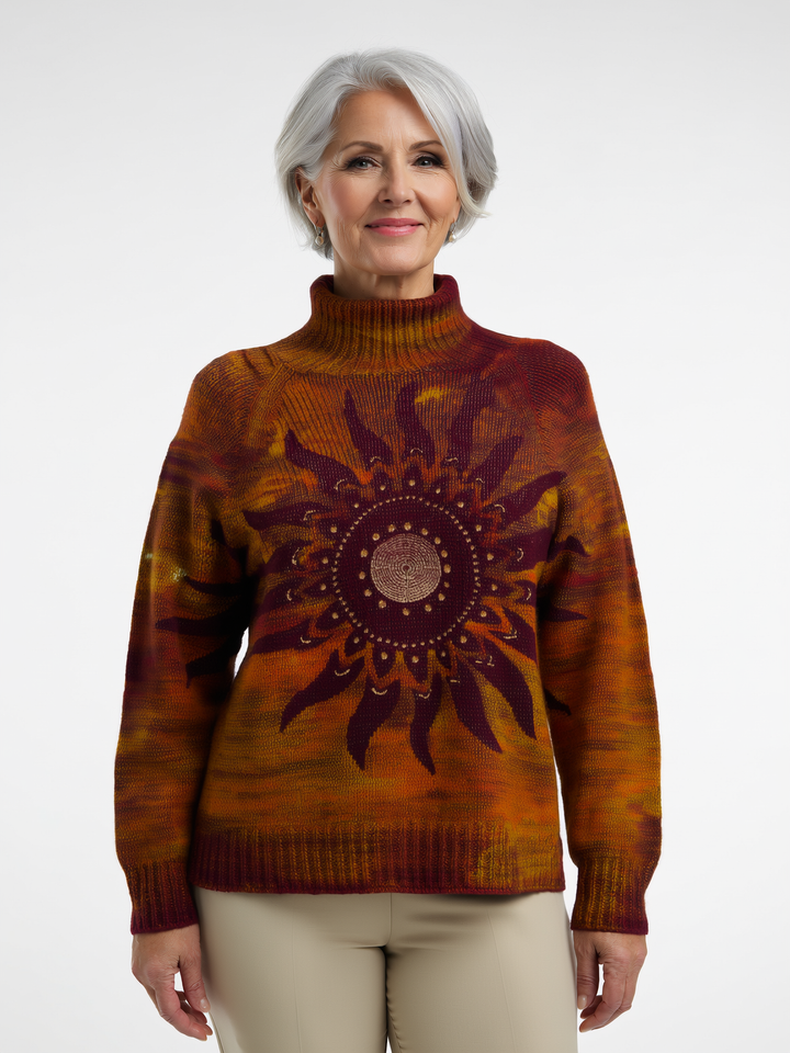 Harlow - Cozy Knitted Turtleneck Sweater Featuring Tribal Sun Design