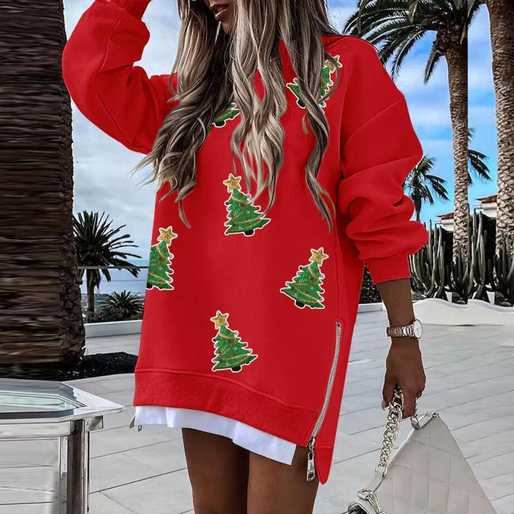 Julia | Women's Christmas Tree Pattern Pullover with Zipper Slit Detail