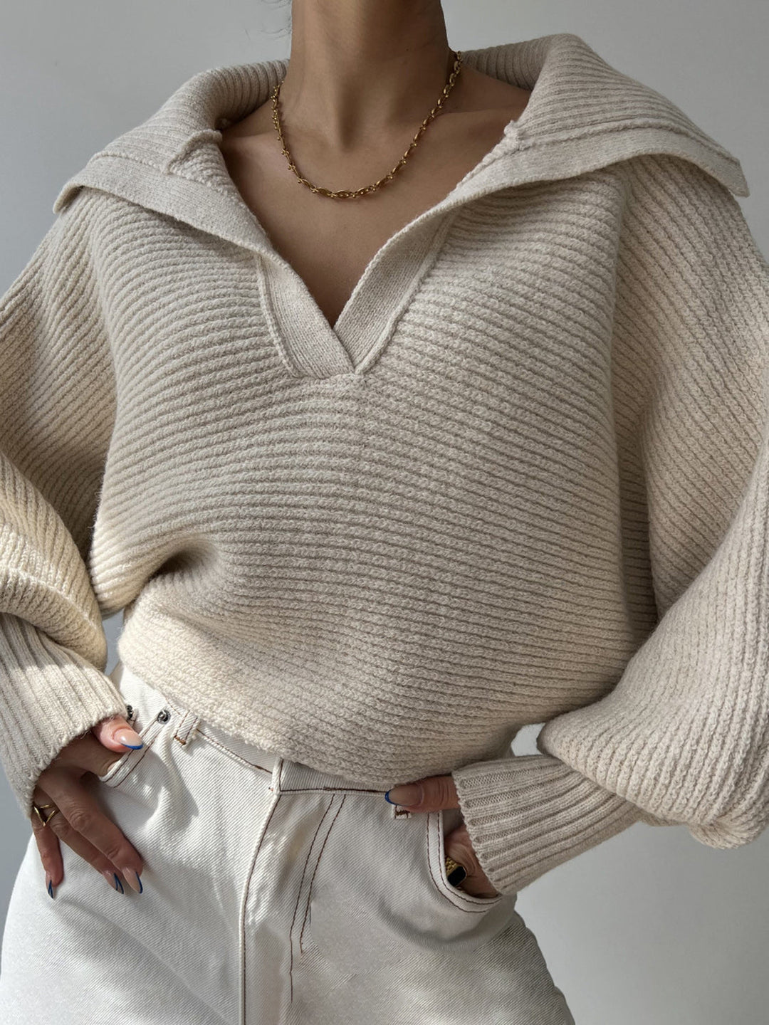Jane | Women's Ribbed Polo Sweater with Split Collar and Wide Cuffs