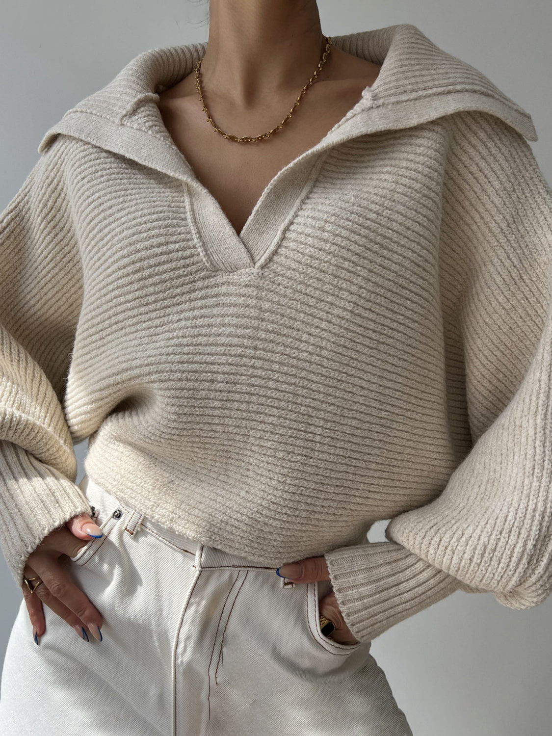 Jane | Women's Ribbed Polo Sweater with Split Collar and Wide Cuffs