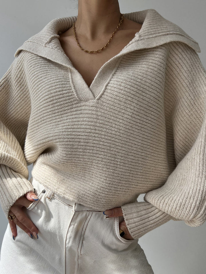Jane | Women's Ribbed Polo Sweater with Split Collar and Wide Cuffs