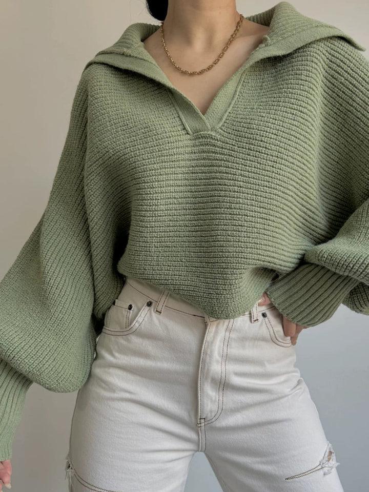 Jane | Women's Ribbed Polo Sweater with Split Collar and Wide Cuffs