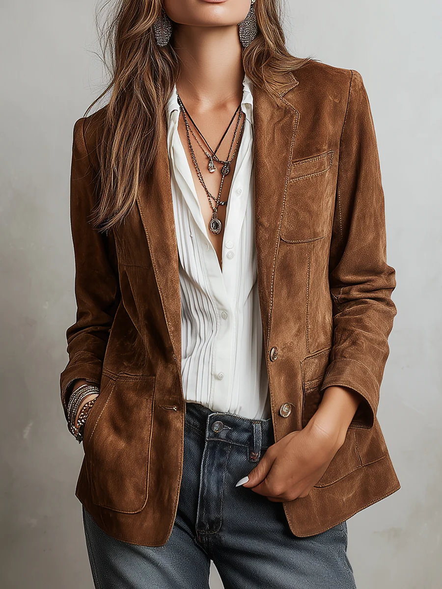 Rhiannon | Women's Classic Lapel Suede Blazer with Button-Down Detail