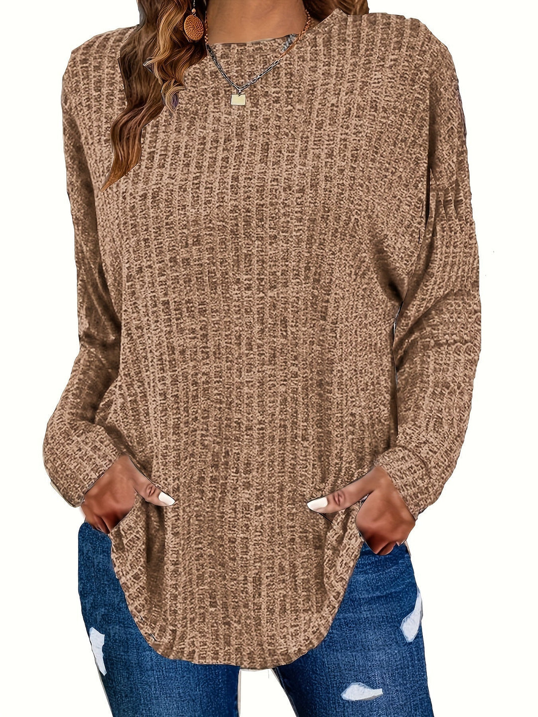 Paloma | Women's Waffle Knit Tunic Sweater with Curved Hem
