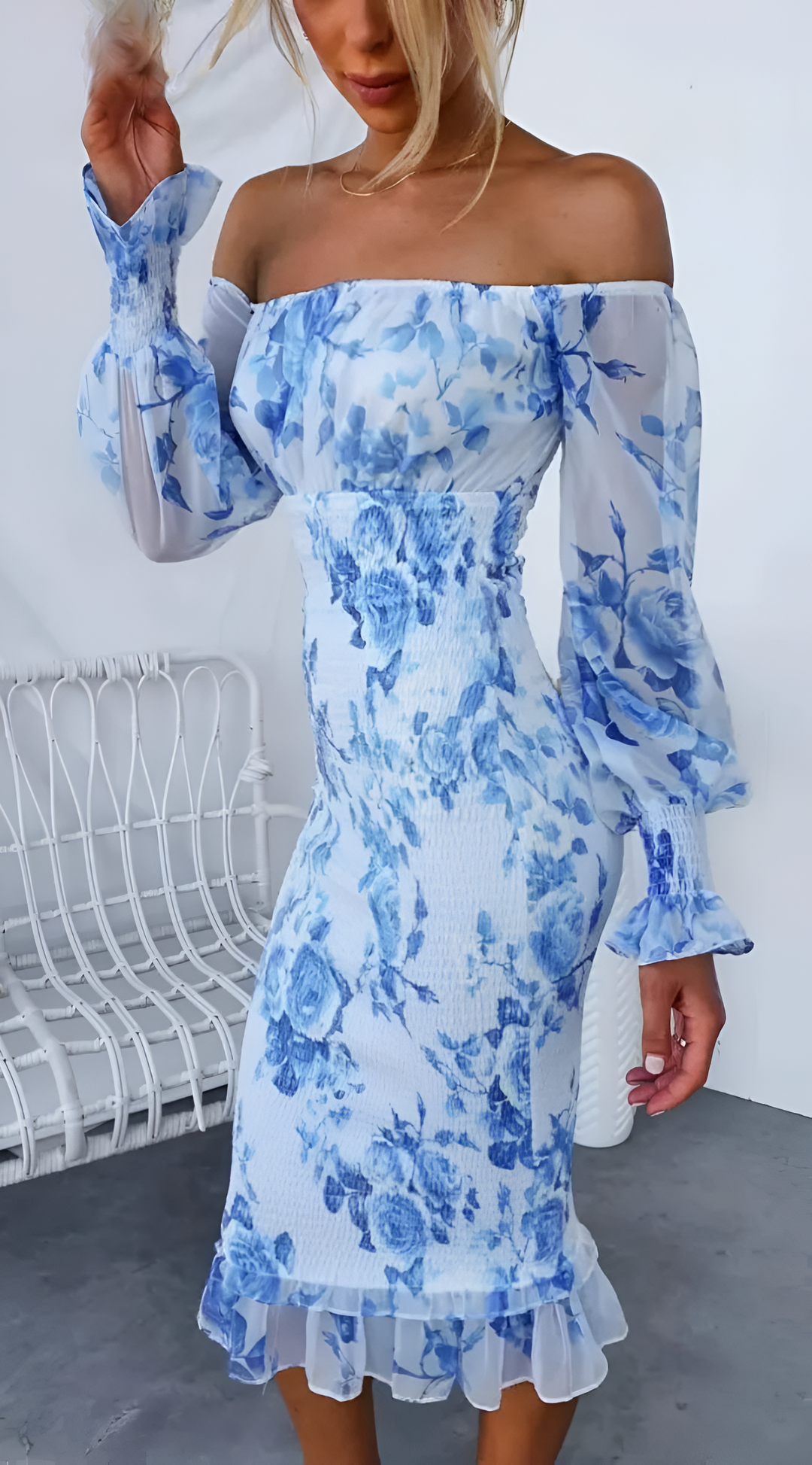 Nadia - Off-Shoulder Floral Midi Dress with Smocked Waist