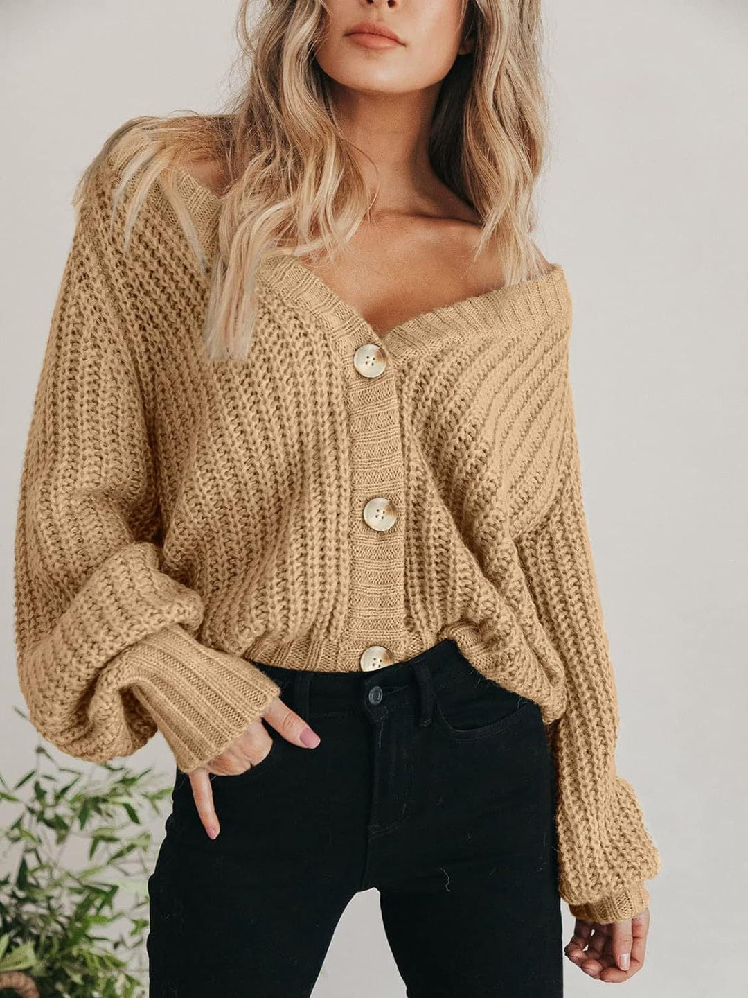 Cassandra | Women's Chunky Knit Cardigan with Deep V-Neck and Button Detail