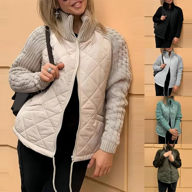Bronte Women's Quilted Jacket with Knitted Sleeves and Stand-Up Collar