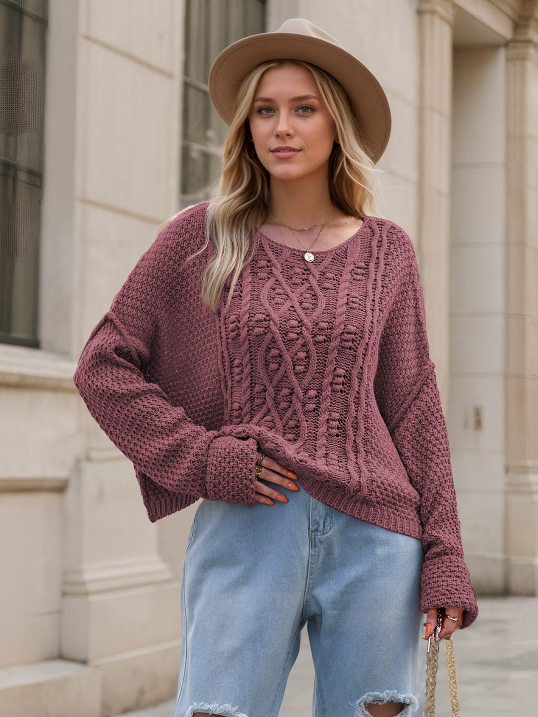 Eloise Women's Scoop Crew Neck Cable Waffle Knit Sweater