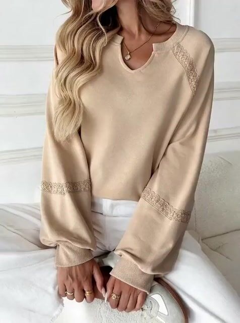 Winifred | Women's Knit Sweatshirt with Lace Trim and Balloon Sleeves